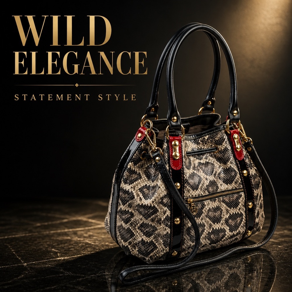 Marino Orlandi Designer-Inspired Black and Beige Snake-Print Women’s Tote